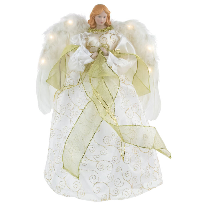 14" Lighted White and Gold Angel in a Dress Christmas Tree Topper - Warm White Lights