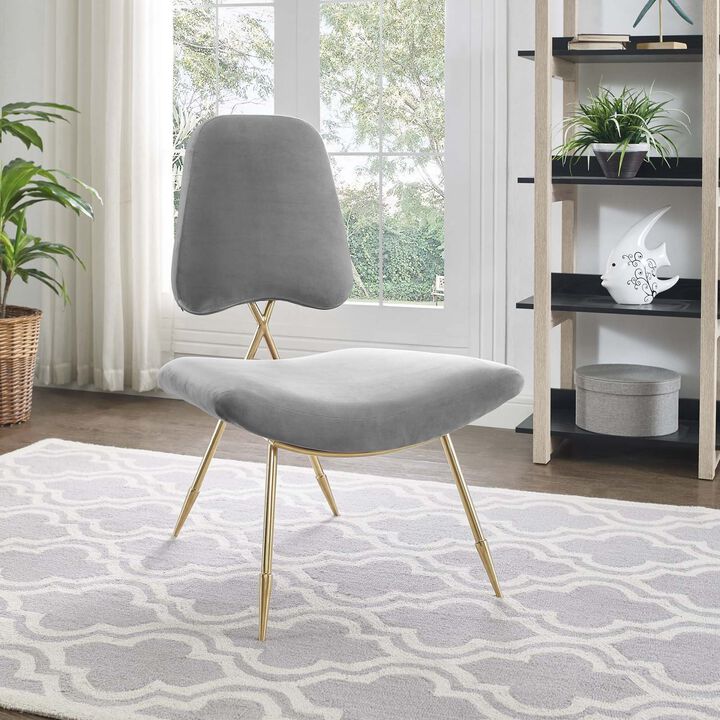 Modway Ponder Performance Velvet Upholstered Modern Lounge Accent Chair in Gray with Gold Stainless Steel Legs