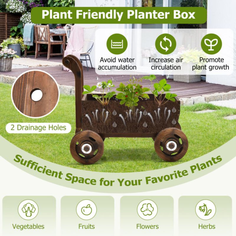 Hivvago Decorative Wooden Wagon Cart with Handle Wheels and Drainage Hole-Rustic Brown