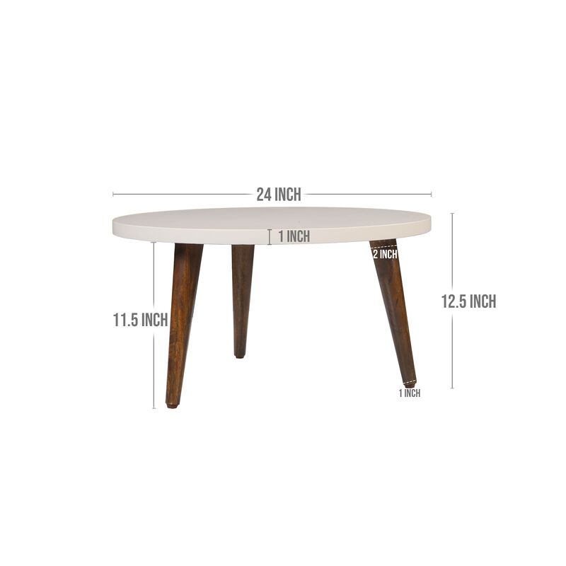 24 Inch Modern Coffee Table, Round Off White MDF Top, Tapered Brown Mango Wood Legs-Benzara