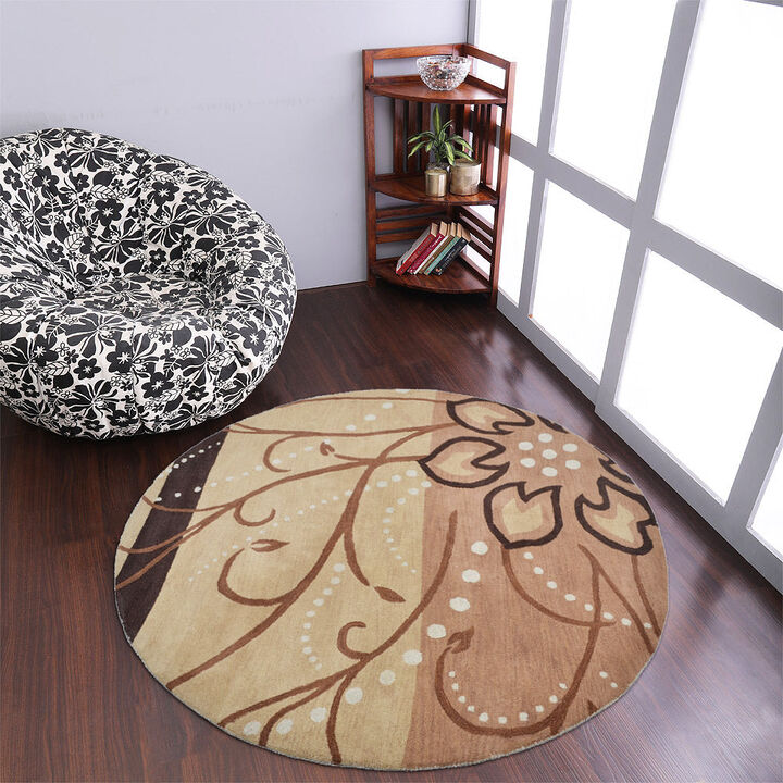 RUGSOTIC CARPETS HAND TUFTED WOOL ECO-FRIENDLY AREA RUGS  - 8'x8', Round Shape, Light Brown, Floral Modern Design, High Pile Thick Handmade Anti Skid Area Rugs for Living Room, Bed Room (K00700)
