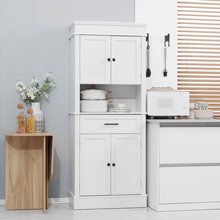 White Kitchen Storage: 72" Tall Freestanding Hutch with Shelving & Drawer