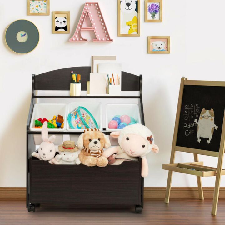 Hivvago Kids Wooden Toy Storage Unit Organizer with Rolling Toy Box and Plastic Bins