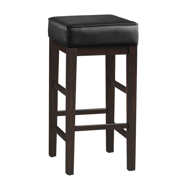 Vin 31 Inch Bar Height Stool, Black Faux Leather Seat, Dark Brown, Set of 2 - Benzara