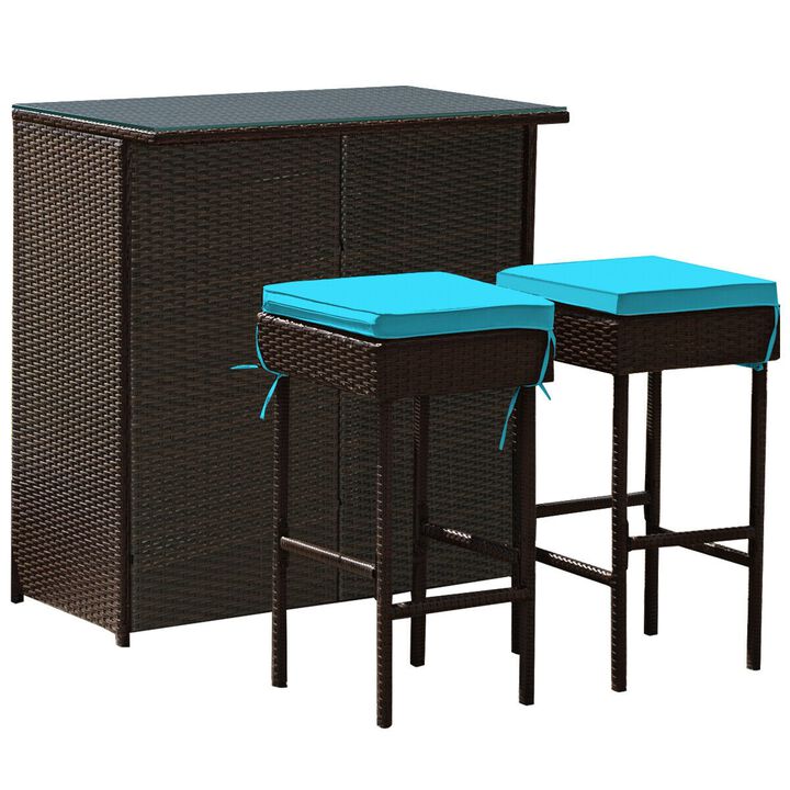 3PCS Patio Rattan Wicker Bar Table Stools Dining Set