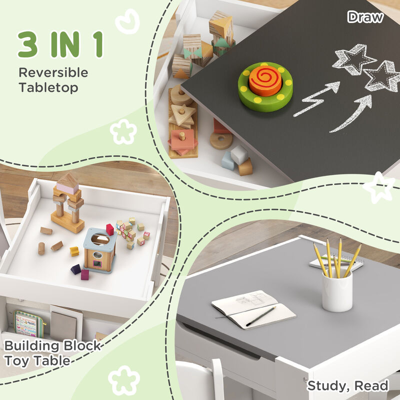 Qaba 3 Piece Kids Table and Chair Set, 3 in 1 Toddler Wooden Activity Table with Reversible Tabletop Blackboard, Storage & Bookshelves for Playroom, Nursery, Natural