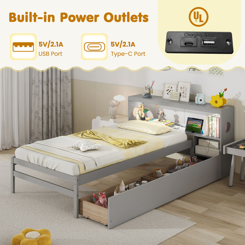 Bed Frame with LED Light and Bookcase Headboard