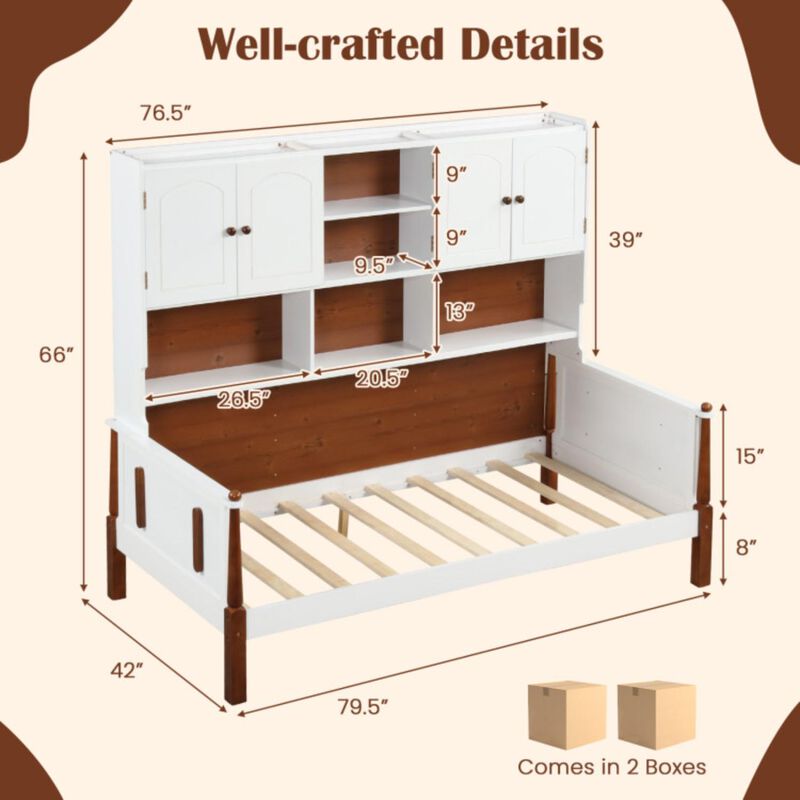 Hivvago Twin Bed with Bookcase with Shelves and  Wooden Slat Support No Box Spring Needed for Living Room Bedroom