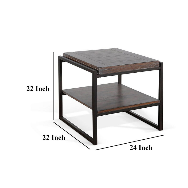 Lery End Table, Dark Brown Wood, Black Metal, Bottom Shelf, 24 Inch - Benzara