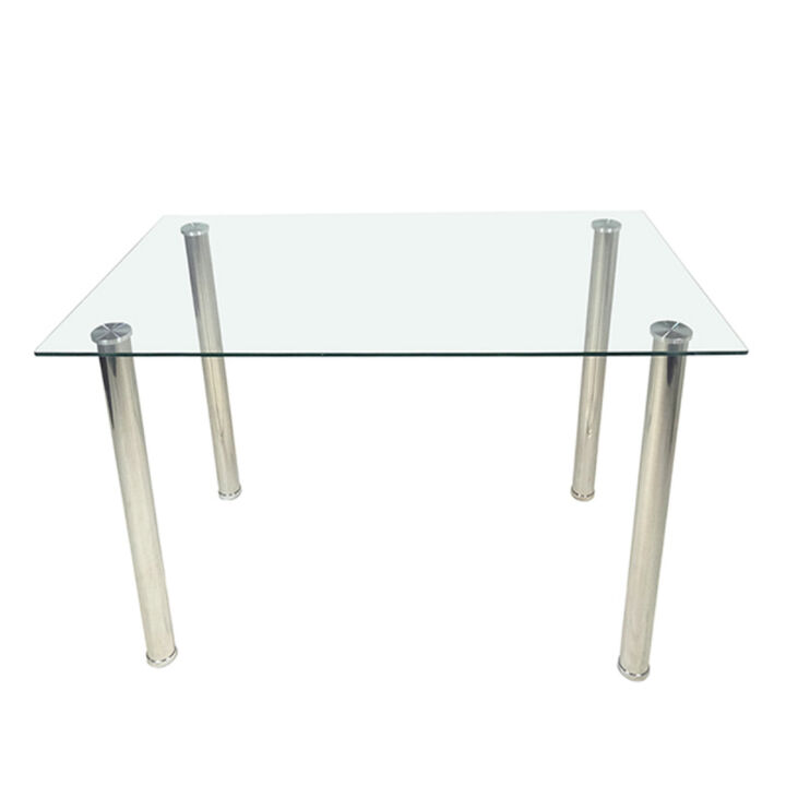 4-Seat Dining Table with Rectangular Design, Cylindrical Legs, and Clear Glass Top