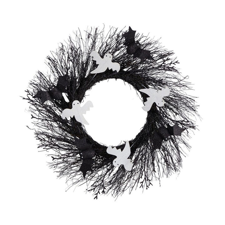 Nearly Natural 22-in Halloween Ghost and Bats Twig Wreath