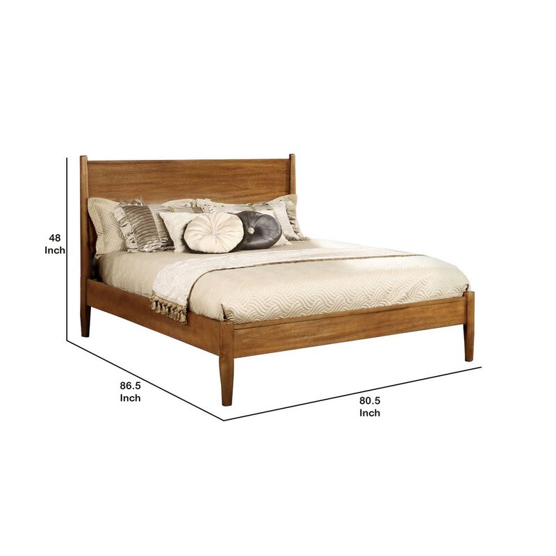 Wooden Eastern King Size Bed with Panel Headboard, Oak Brown - Benzara