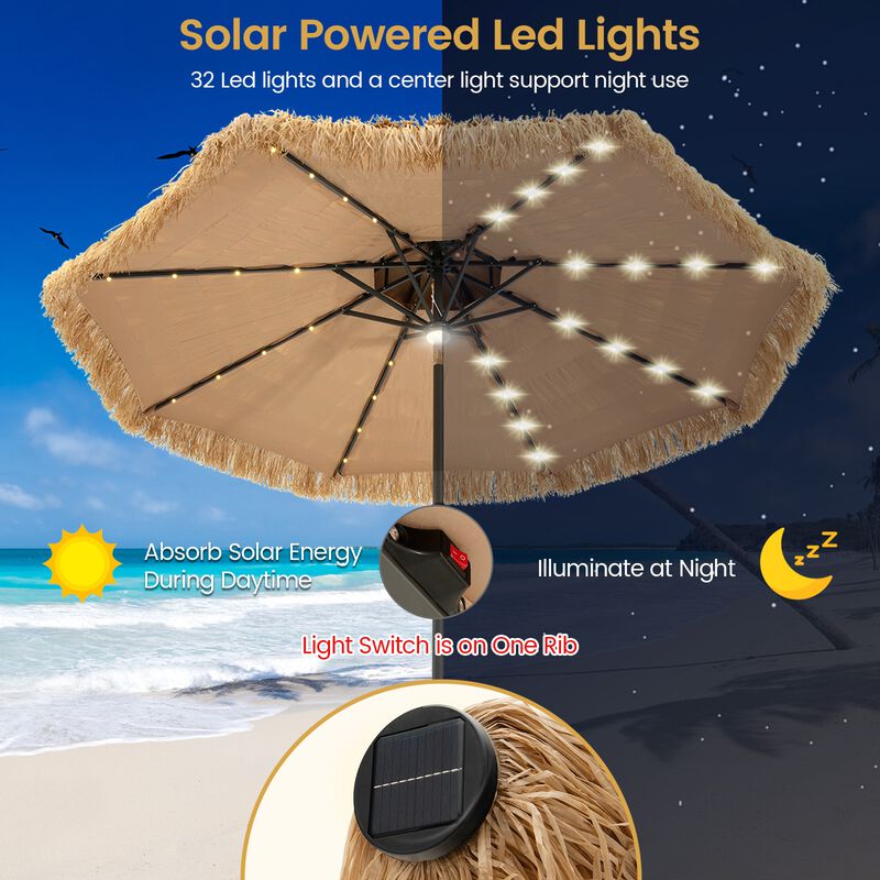 9-Foot Solar-Powered Tiki Patio Umbrella with Thatched Design and LED Lights for Outdoor Spaces