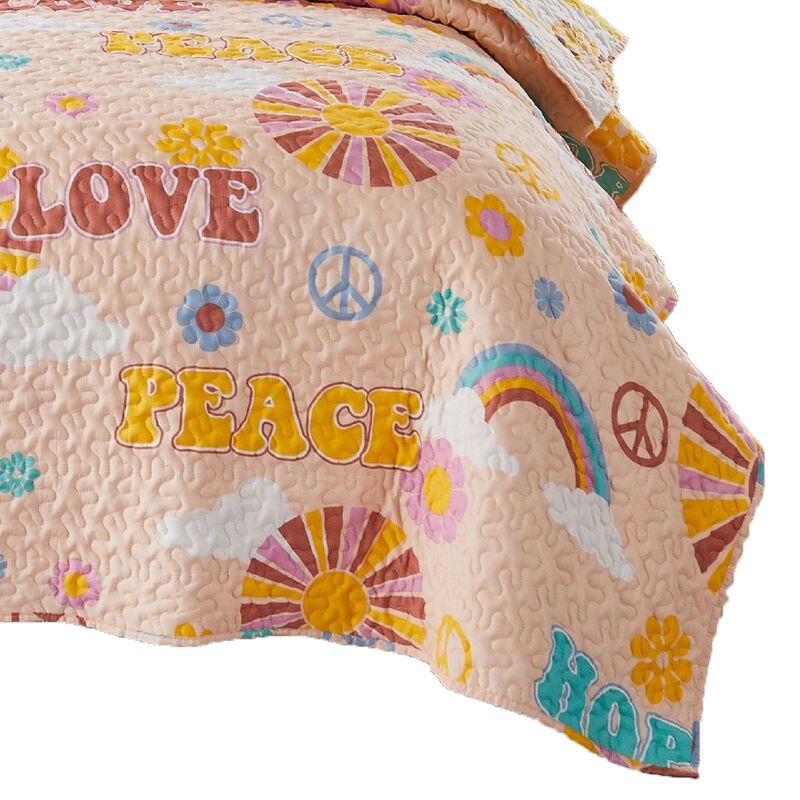 Berlin 3 Piece Microfiber Rainbows and Clouds Print Queen Quilt Set, Beige - Benzara