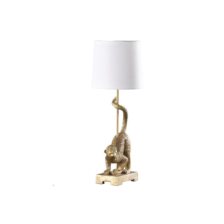 Ree 24 Inch Accent Table Lamp, Monkey Resin Sculpture, Drum Shade, Gold - Benzara