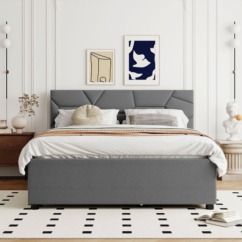 Merax Upholstered Platform Bed with Brick Pattern Headboard, with Twin XL Size Trundle and 2 drawers, Linen Fabric