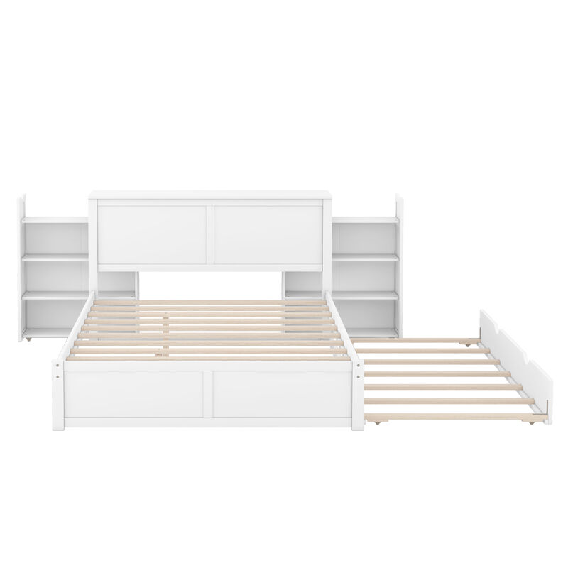Space-Saving Platform Bed with Storage Shelves and Pull-Out Trundle