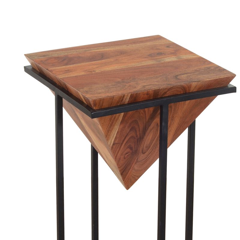 26 Inch Pyramid Shape Wooden Side Table With Cross Metal Base, Brown and Black-Benzara