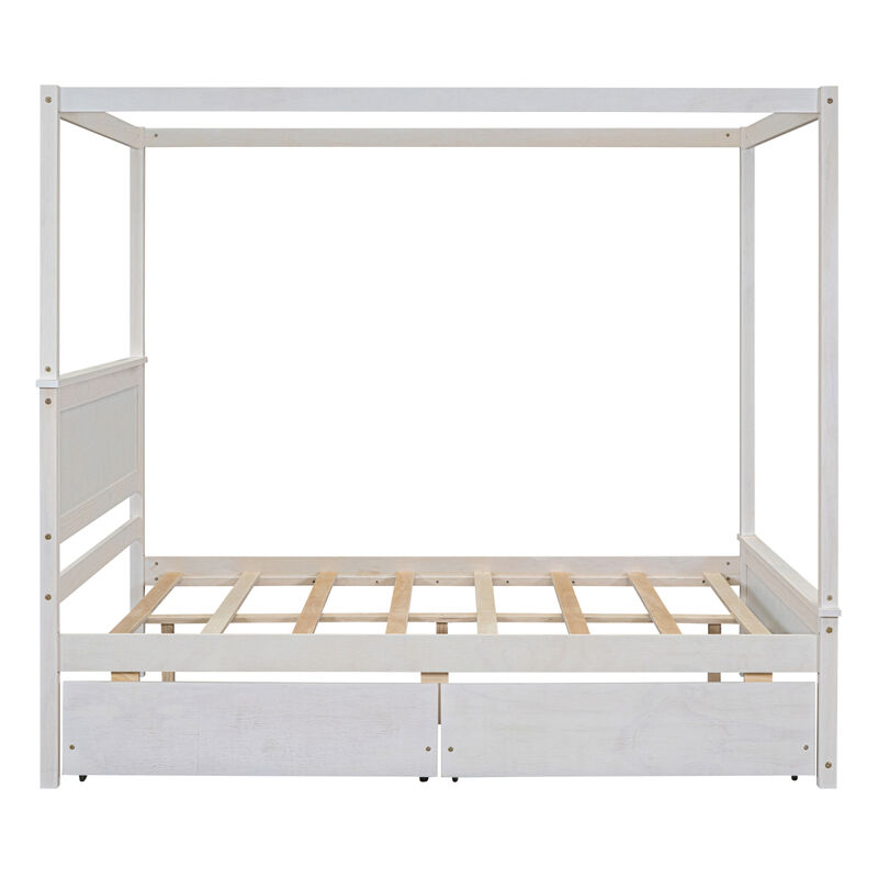 Full-size wood canopy bed with drawers, no box spring needed