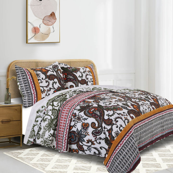 Detroit Fabric 3 Piece Queen Size Quilt Set with Tribal Motifs, Multicolor - Benzara
