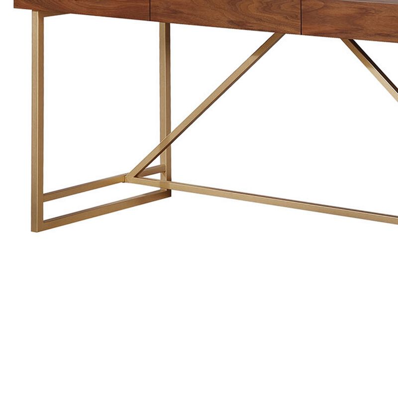 Modern Style Wooden Writing Desk with Unique Metal Legs, Walnut Brown and Gold-Benzara