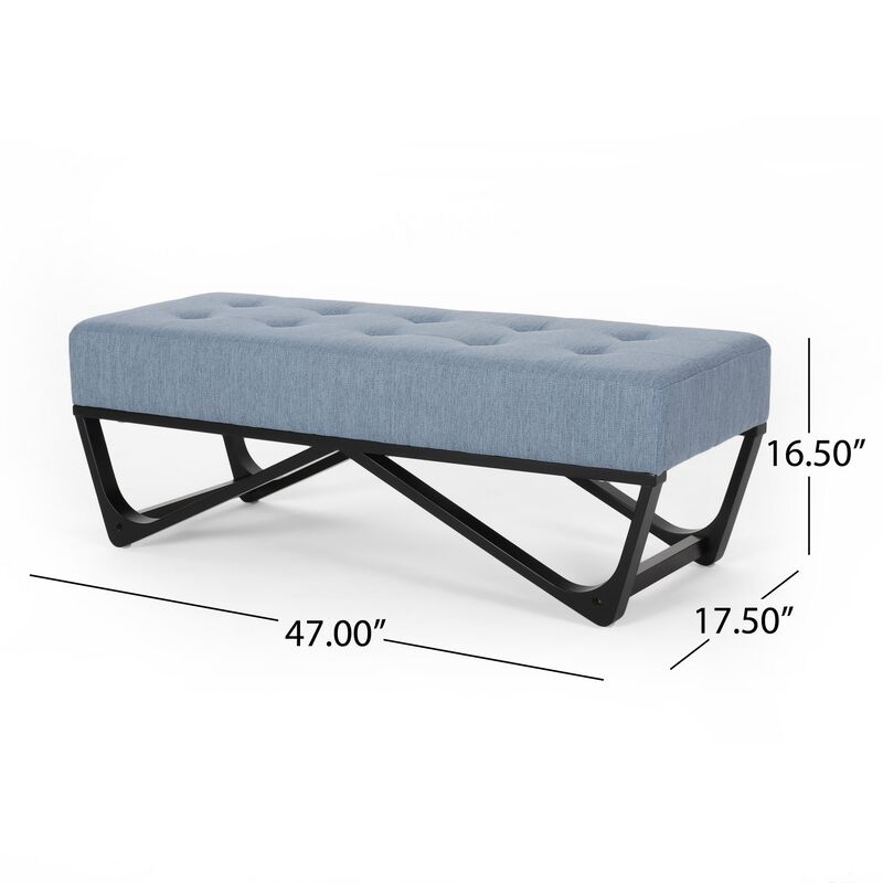 Liba Ottoman Bench, Button Tufted Light Blue Fabric, Black, 47 Inch -Benzara
