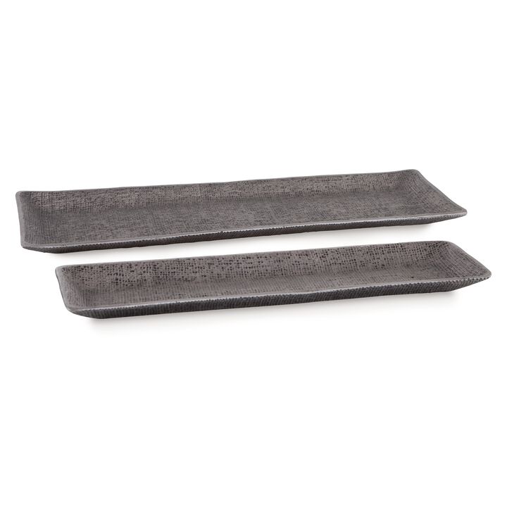 Rumi Decorative Tray Set of 2, Rectangular, Cast Aluminium, Pewter Gray - Benzara