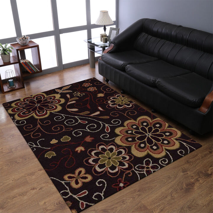 RUGSOTIC CARPETS HAND TUFTED WOOL ECO-FRIENDLY AREA RUGS  - 3'x5', Rectangle Shape, Brown, Floral Modern Design, High Pile Thick Handmade Anti Skid Area Rugs for Living Room, Bed Room (K00656)