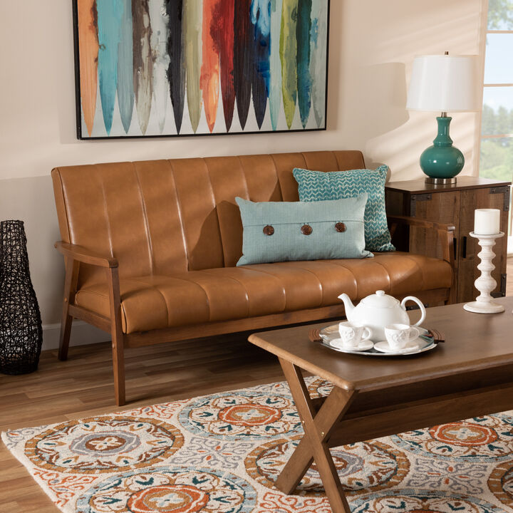 Baxton Studio Nikko Mid Century Tan Faux Leather Upholstered Wood Sofa
