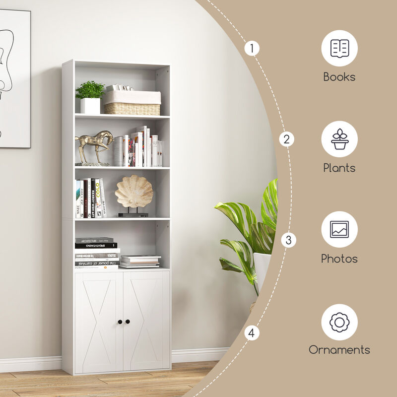 Freestanding Bookshelf with 6 Shelves and 2-Door Cabinet