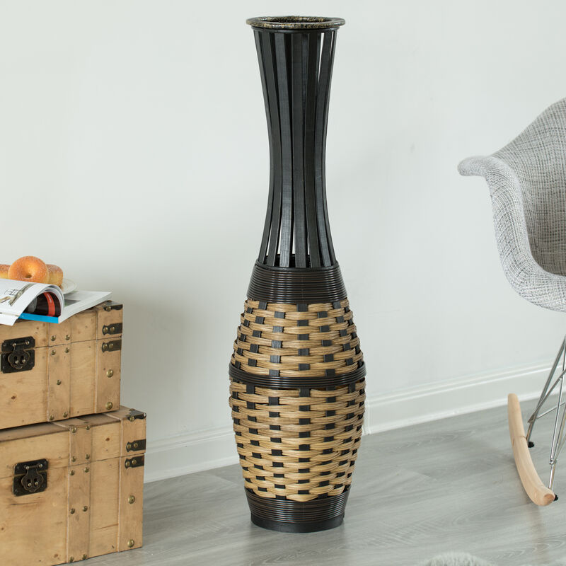 Elegant Antique 34-inch-tall Trumpet Style Floor Vase - Versatile Entryway or Living Room, or Bedroom Decor with Decorative Bamboo Rope Accent - Rich Brown Finish – Modern Statement Vase
