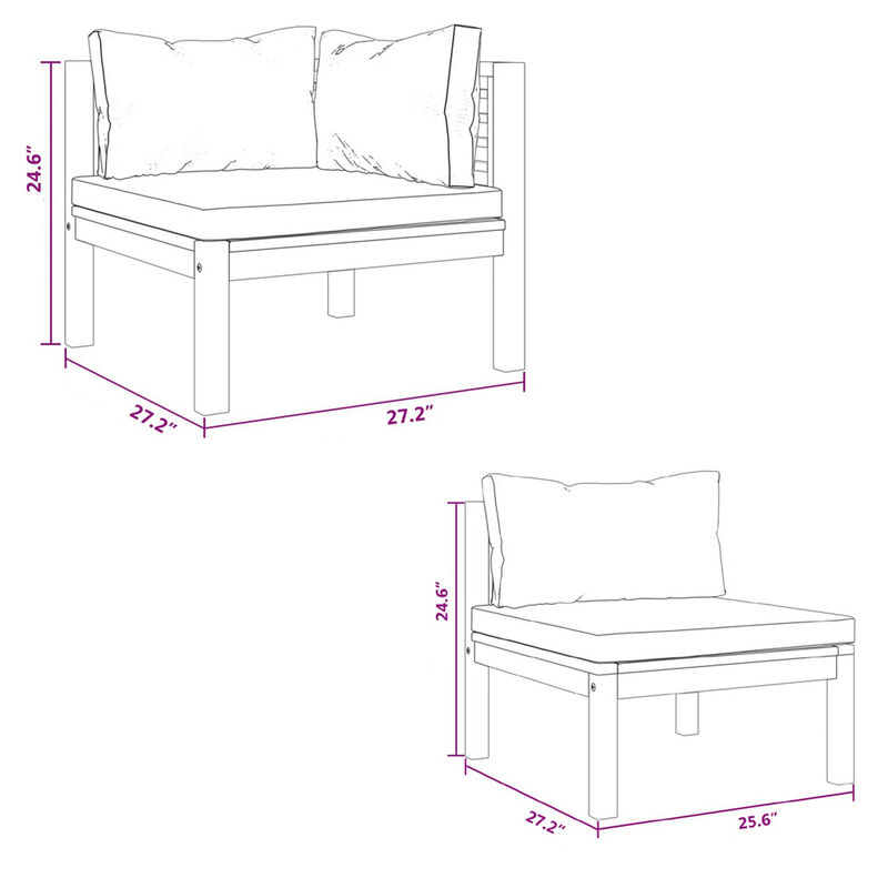 Outdoor Modular Sofa, 4 Seater, Brown Solid Acacia Wood, Gray Cushions - Benzara