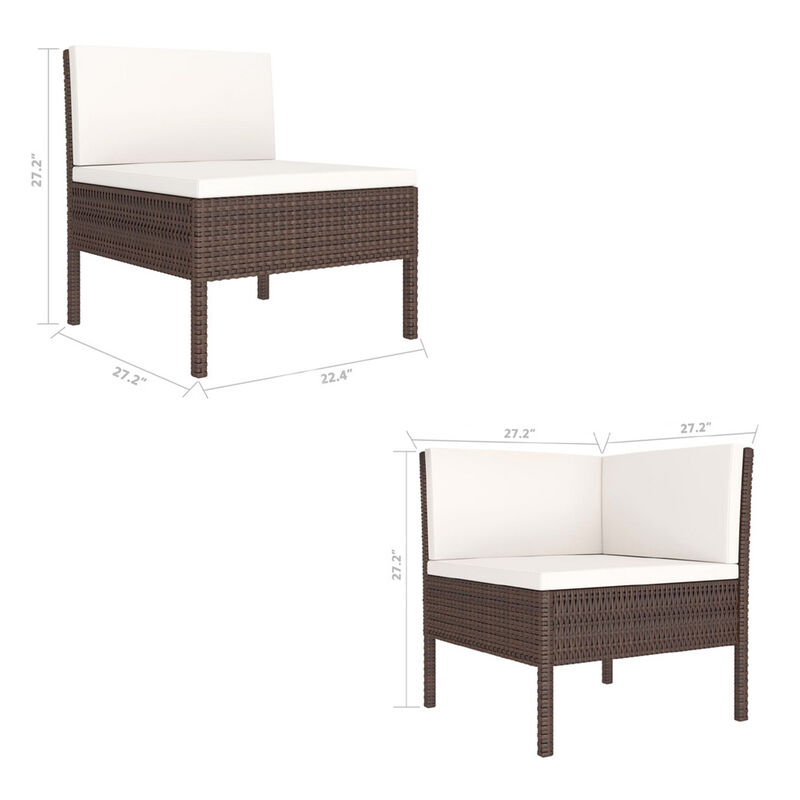 3pc Outdoor Modular Sofa Set, Cushions, Cream White, Brown Poly Rattan - Benzara