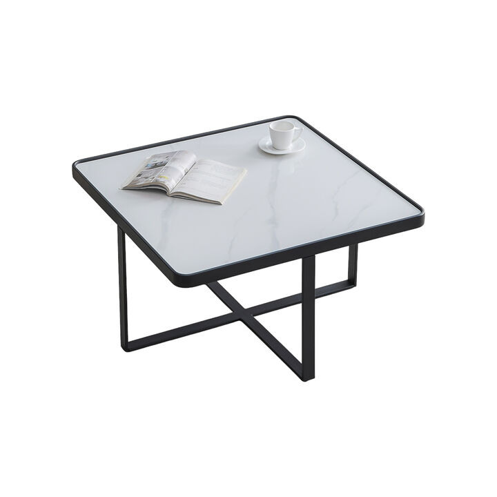 Modern Square Coffee Table with Sintered Stone Surface and Metal Base