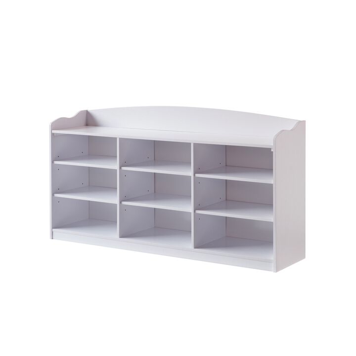 Hale Shoe Bench, 48 Inch Top, 9 Open Compartments, Modern White Finish - Benzara