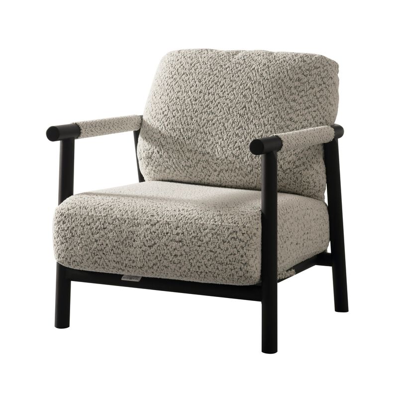 Cid Bali 28 Inch Accent Chair, Gray Polyester, Cushions, Black Metal, Wood - Benzara