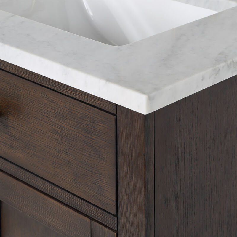 Chestnut 30 In. Single Sink Carrara White Marble Countertop Bath Vanity In Brown Oak with Satin Gold Hardware