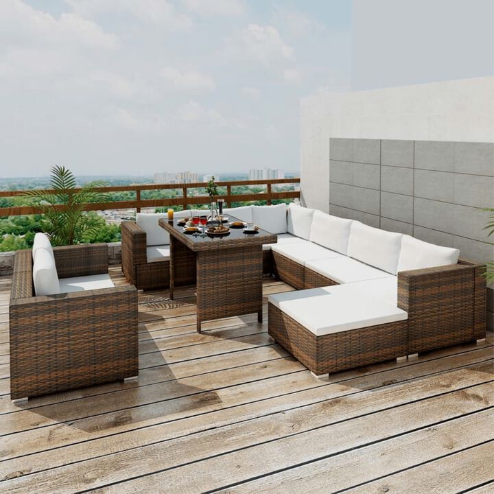 vidaXL 10 Piece Garden Lounge Set with Cushions Poly Rattan Brown