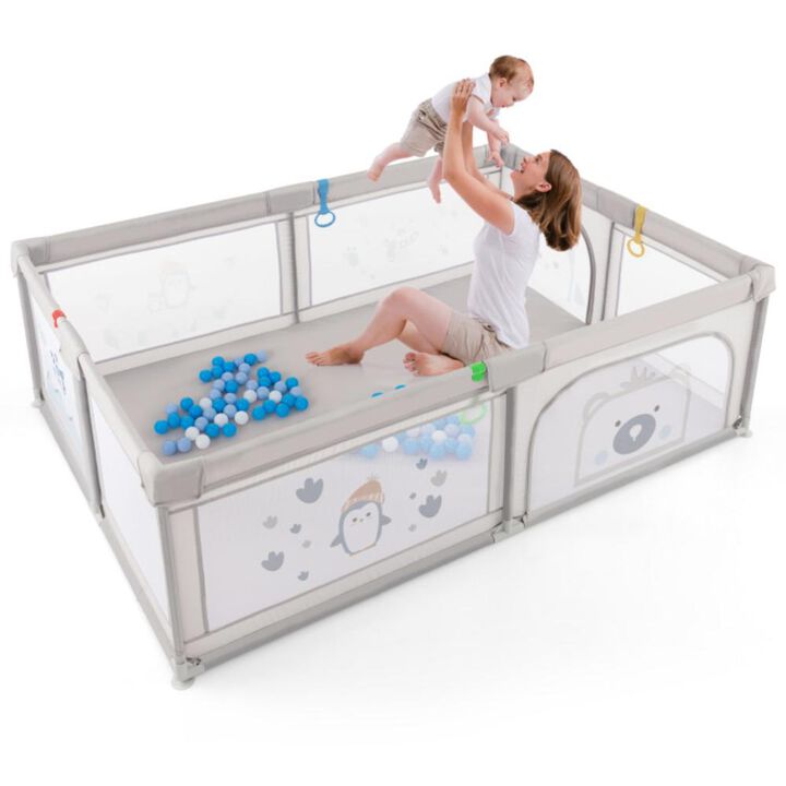 Hivvago Large Baby Playpen with Pull Rings Ocean Balls and Cute Pattern-Penguin