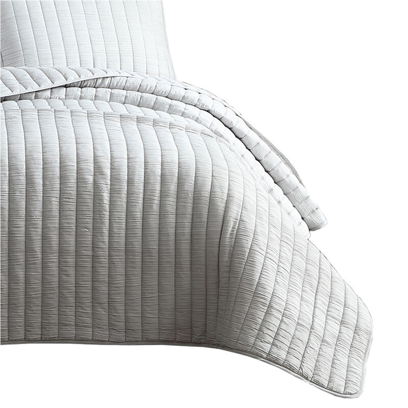 3 Piece Crinkle Queen Size Coverlet Set with Vertical Stitching,Light Gray-Benzara