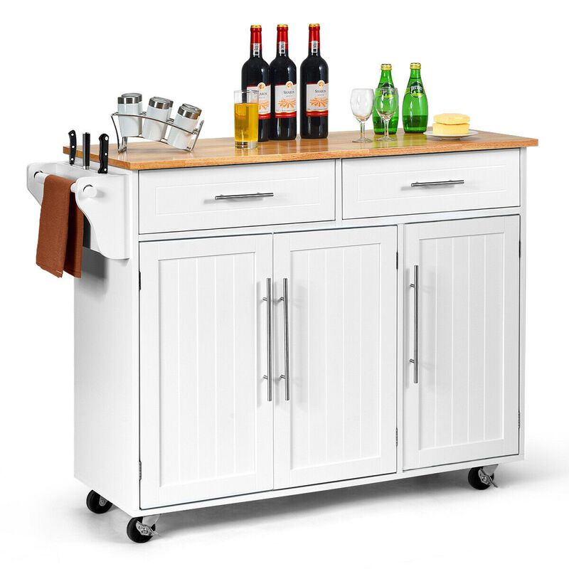 Kitchen Island Trolley Wood Top Rolling Storage Cabinet Cart with Knife Block