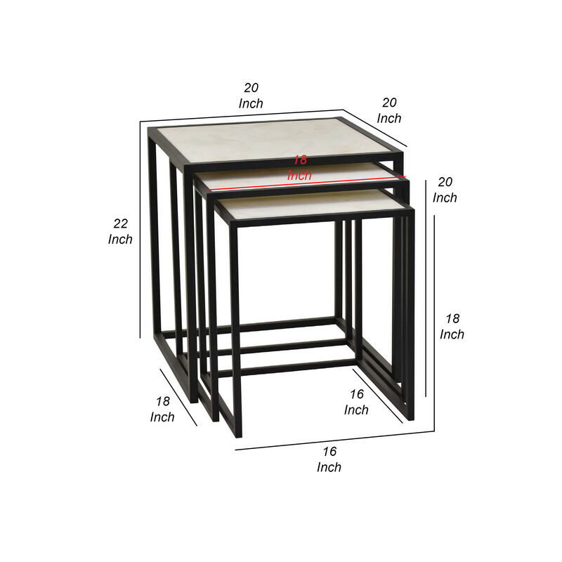 Plant Stand Table Set of 3, Nesting Open Black Metal Frame, White Top - Benzara