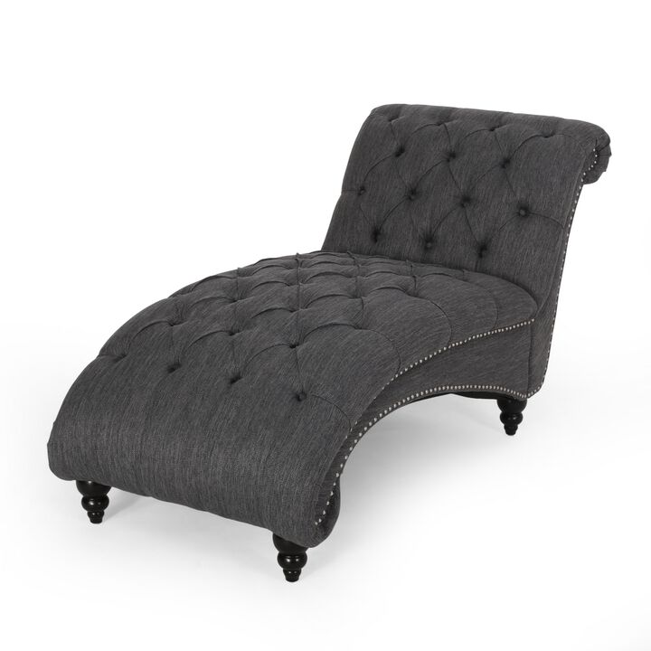 Curb Chaise Lounger, 64 Inch, Button Tufted Diamond Stitch, Charcoal Gray