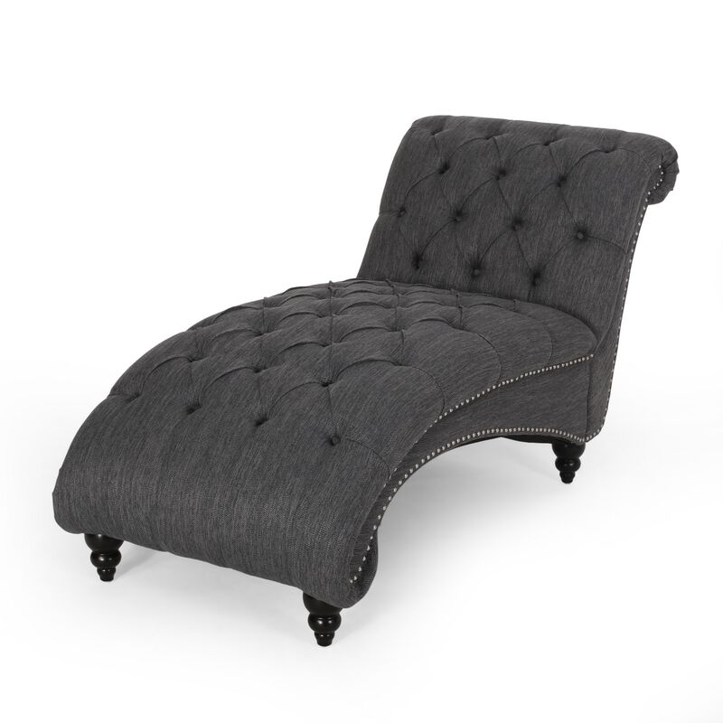 Curb Chaise Lounger, 64 Inch, Button Tufted Diamond Stitch, Charcoal Gray