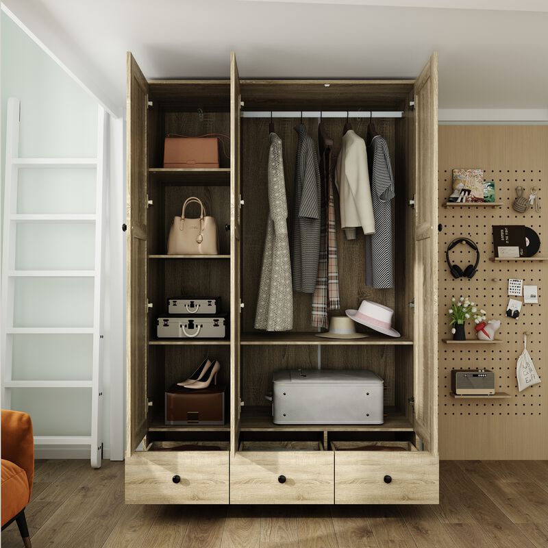 FUFU&GAGA Natural Wood Wardrobe with Shelves, Drawers, and Hanging Space, (47.2" W x 18.9" D x 70.9" H)，Brown