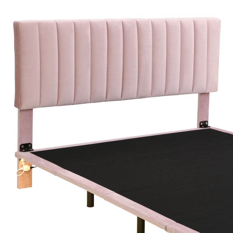 Queen Size Upholstered Bed With Sensor Light And Headboard, Floating Velvet Platform Bed, Pink