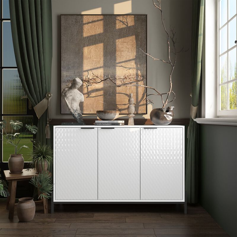 Elegant 3-Door Storage Cabinet with Adjustable Shelves and Geometric Design