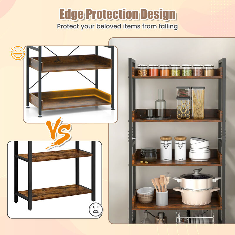 6-Tier Tall Industrial Bookcase with Open Shelves and 4 Hooks