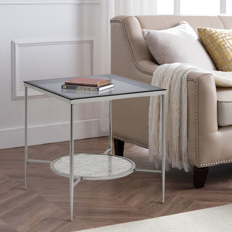 End Table with Textured Round Shelf, Silver-Benzara