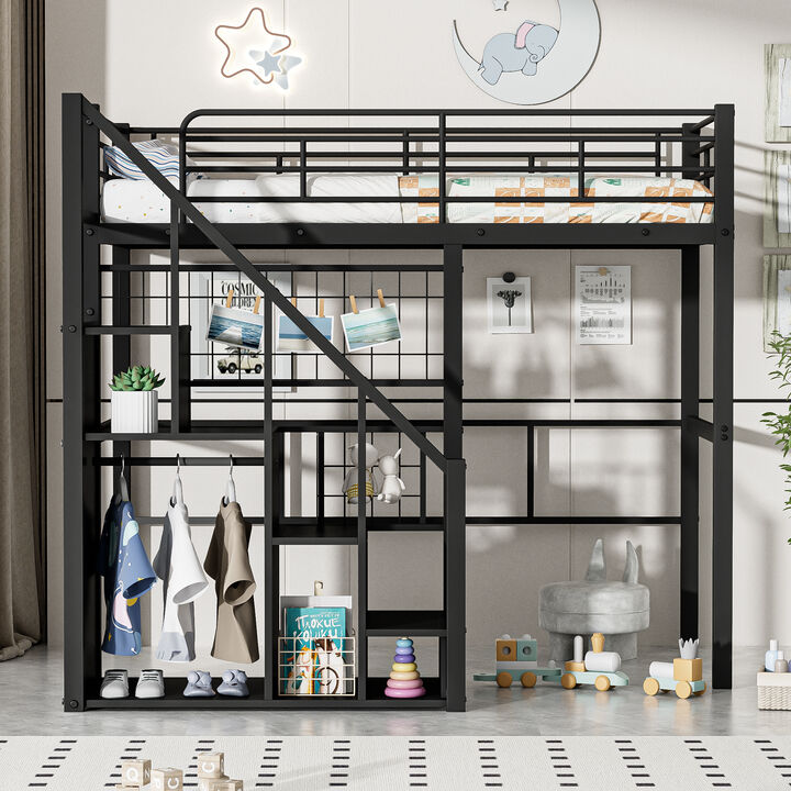 Merax Metal Loft Bed with Storage Staircase and Small Wardrobe